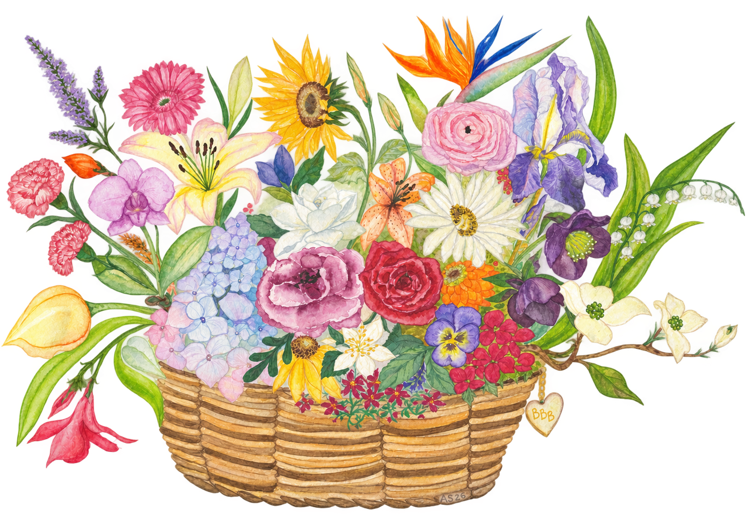 Watercolor floral basket for Bonded By Blooms